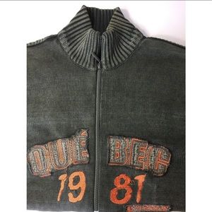 Blacksea Men Zip Up Sweater Distressed Khaki Green Medium Quebec Patch